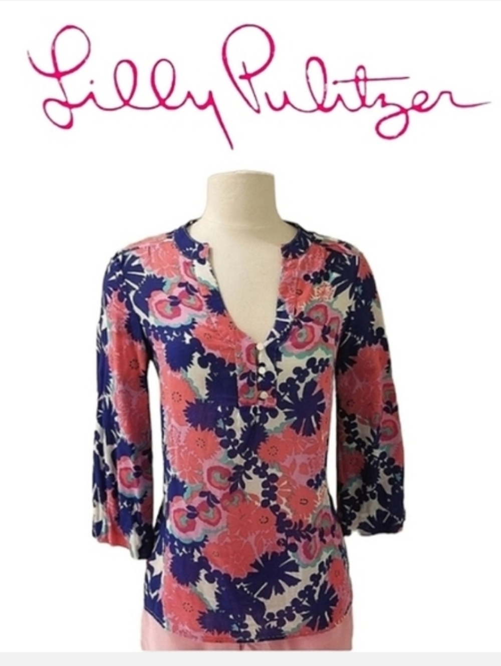 Lilly Pulitzer Lightweight Pink & Blue Floral Tunic Top Sz XS-S